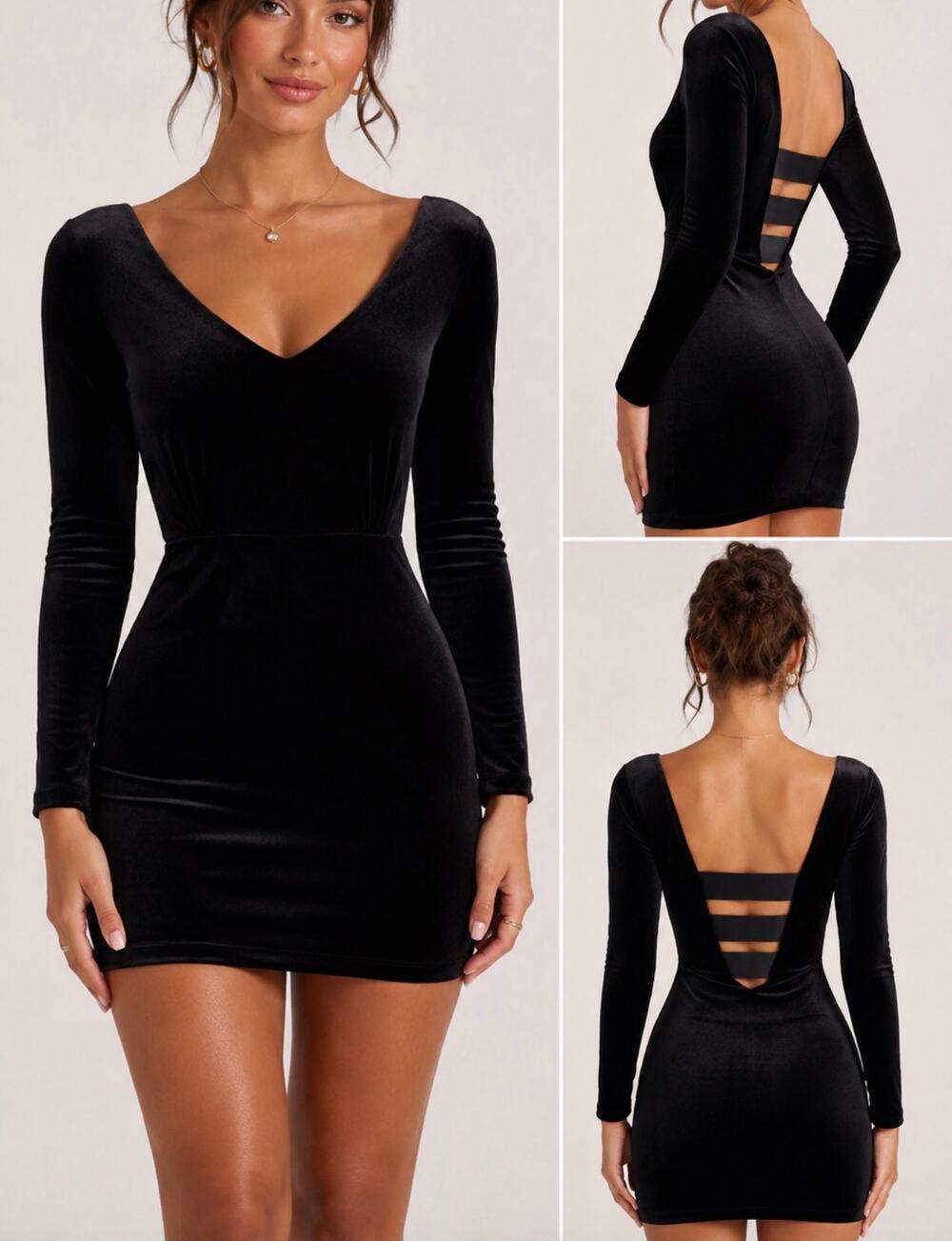 BCBGeneration Black Velvet Open Back Bodycon Mini Dress Long Sleeve Size Small
